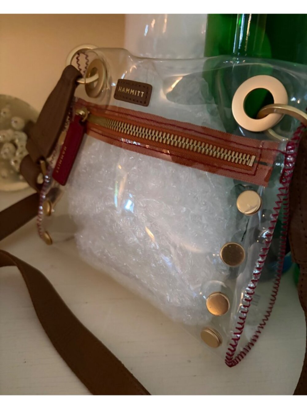 Hammitt Los Angeles Tony Clear & Red with Gold Studded Crossbody Bag Brown Strap - Picture 7 of 12